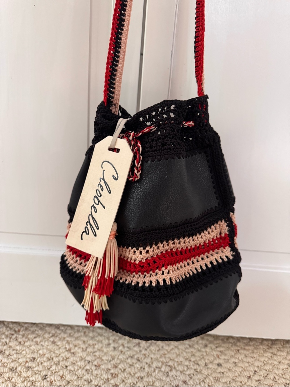 Cleobella Drawstring Bucket Bag - Black with Red and Cream Stripes nwt - Picture 2 of 2